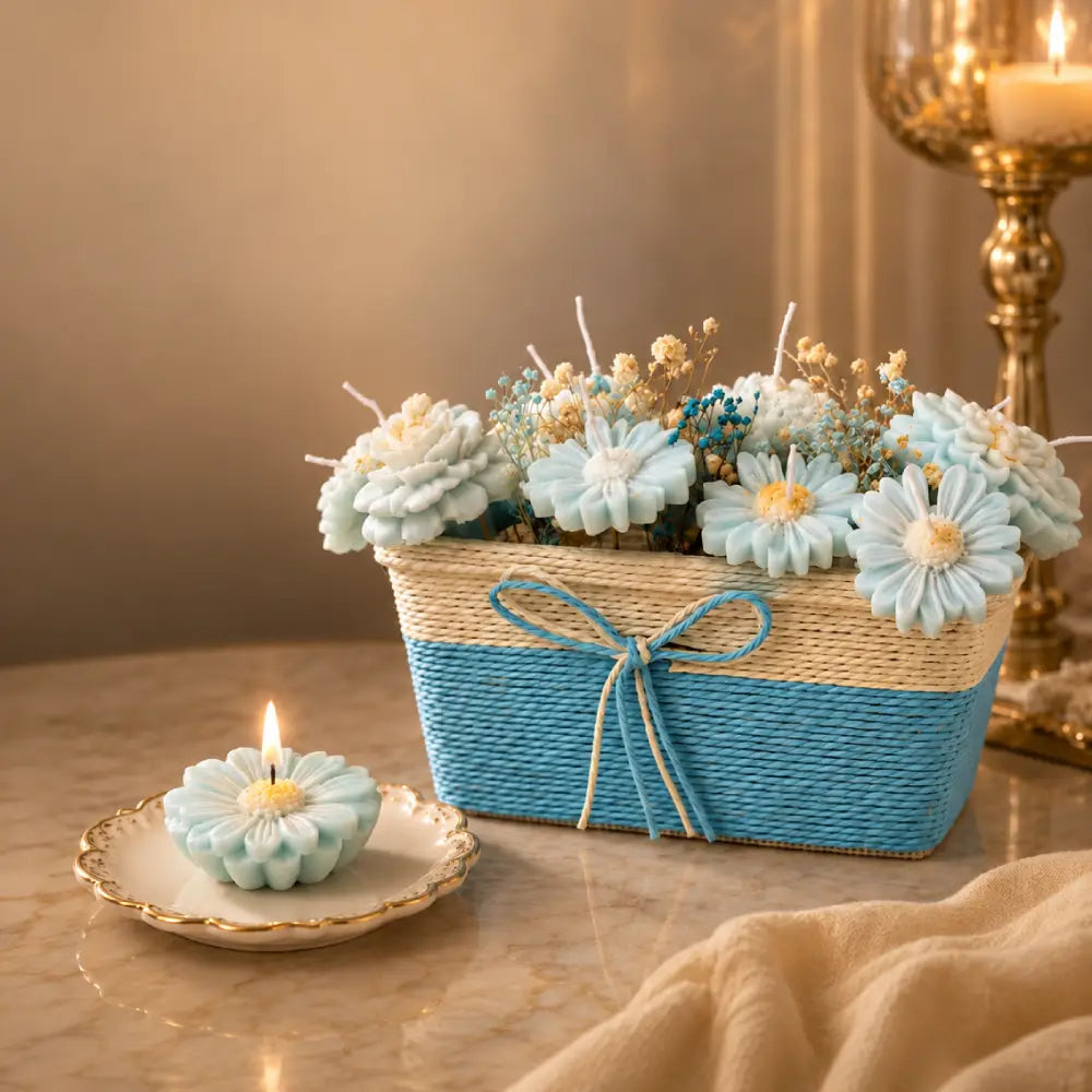 Blue Blush Floral Soy Wax Candle Basket – 16–18 Candles
