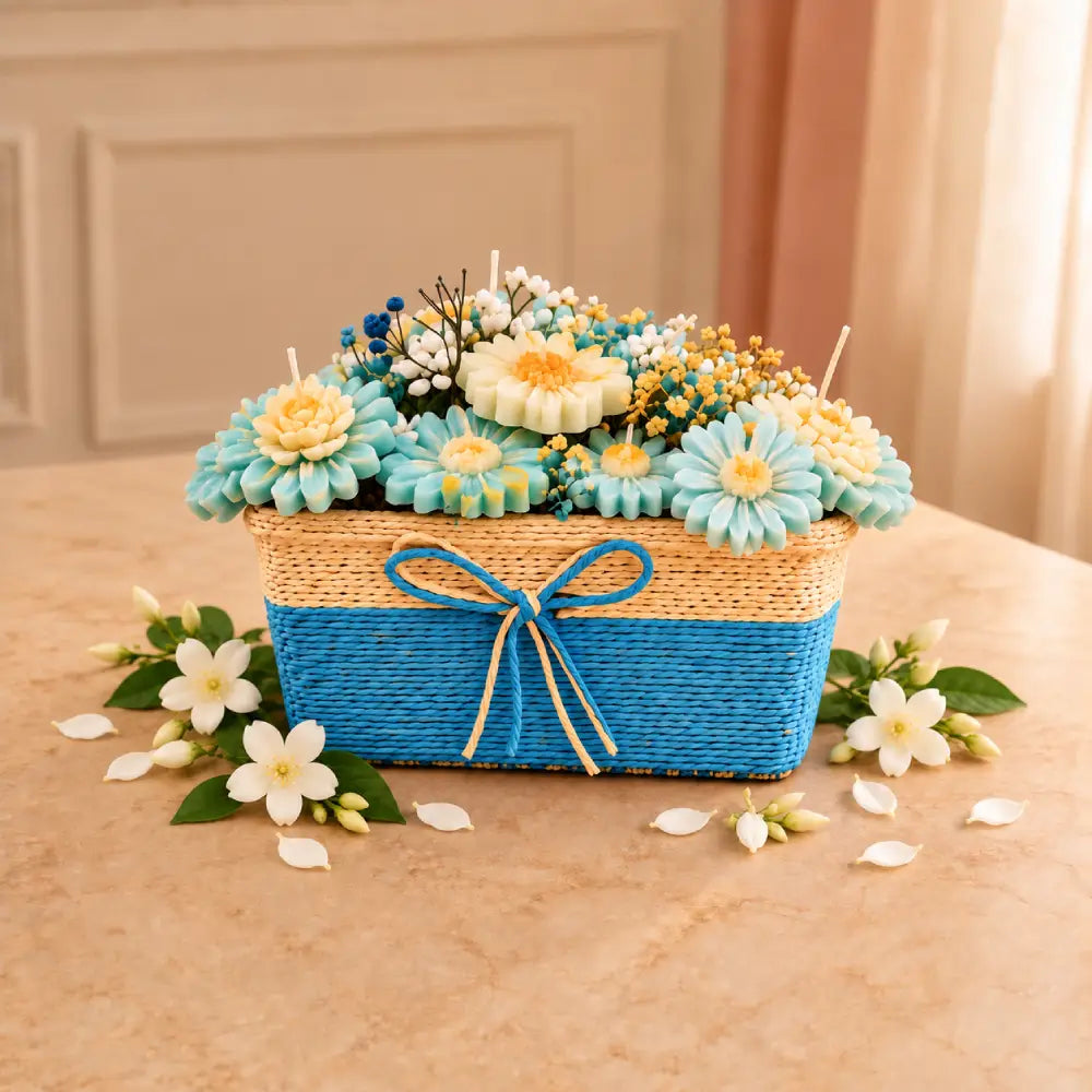 Blue Blush Floral Soy Wax Candle Basket – 16–18 Candles
