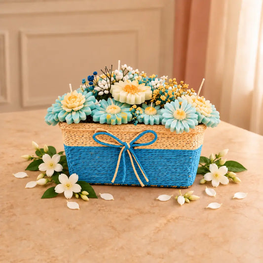 Blue Blush Floral Soy Wax Candle Basket – 16–18 Candles