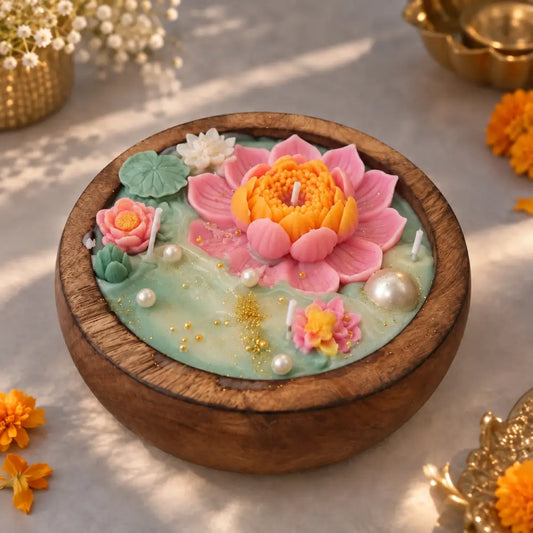 Lotus Bloom Wooden Urli Candle