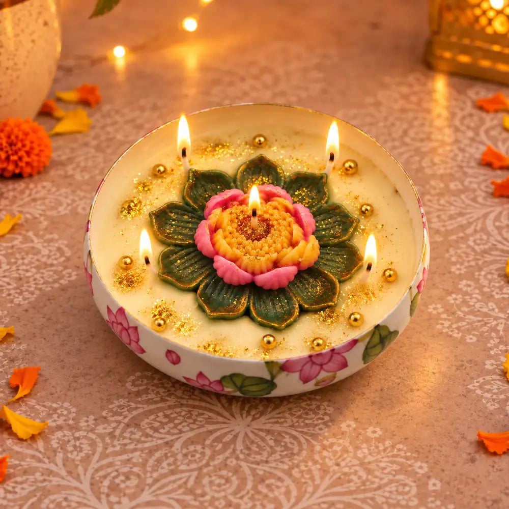 Lotus Printed Metal Urli Candle