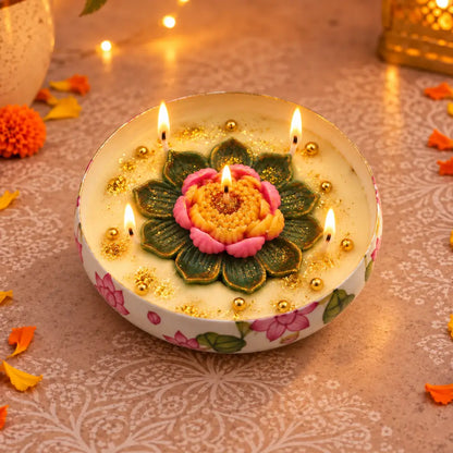 Lotus Printed Metal Urli Candle