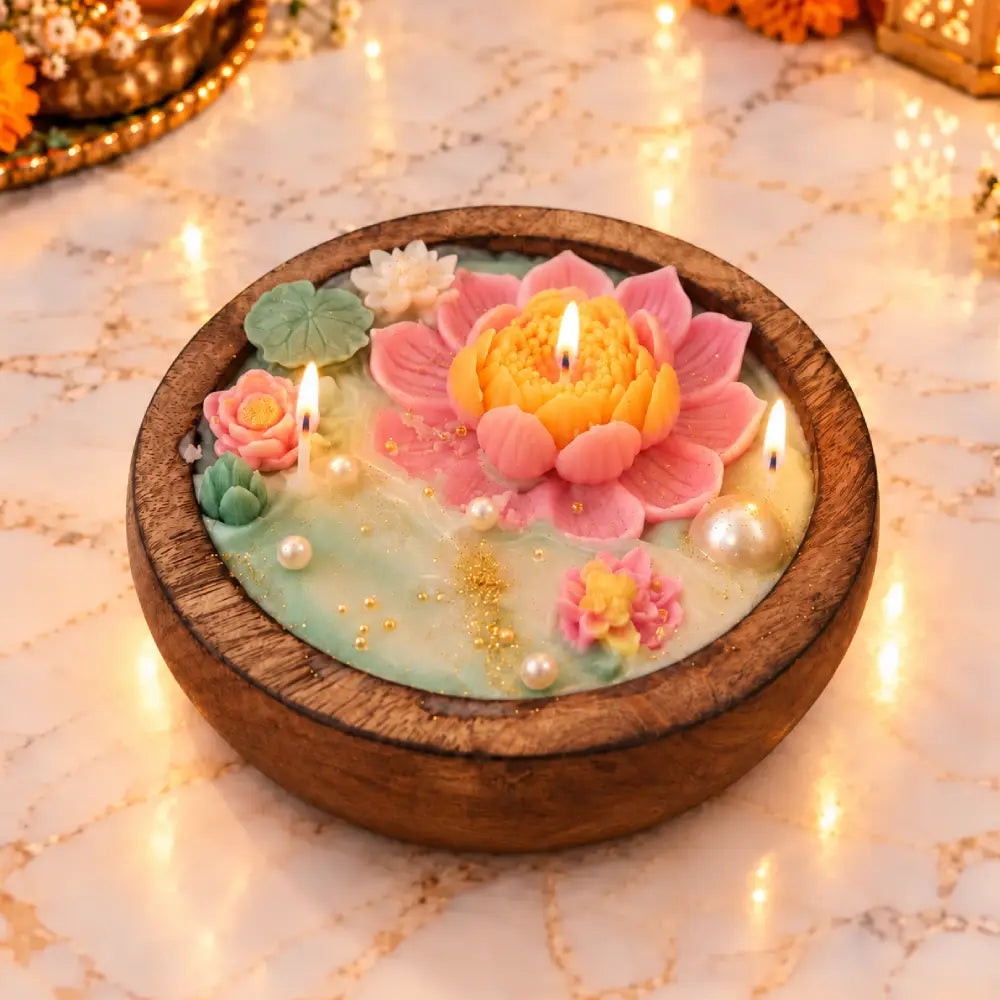 Lotus Bloom Wooden Urli Candle