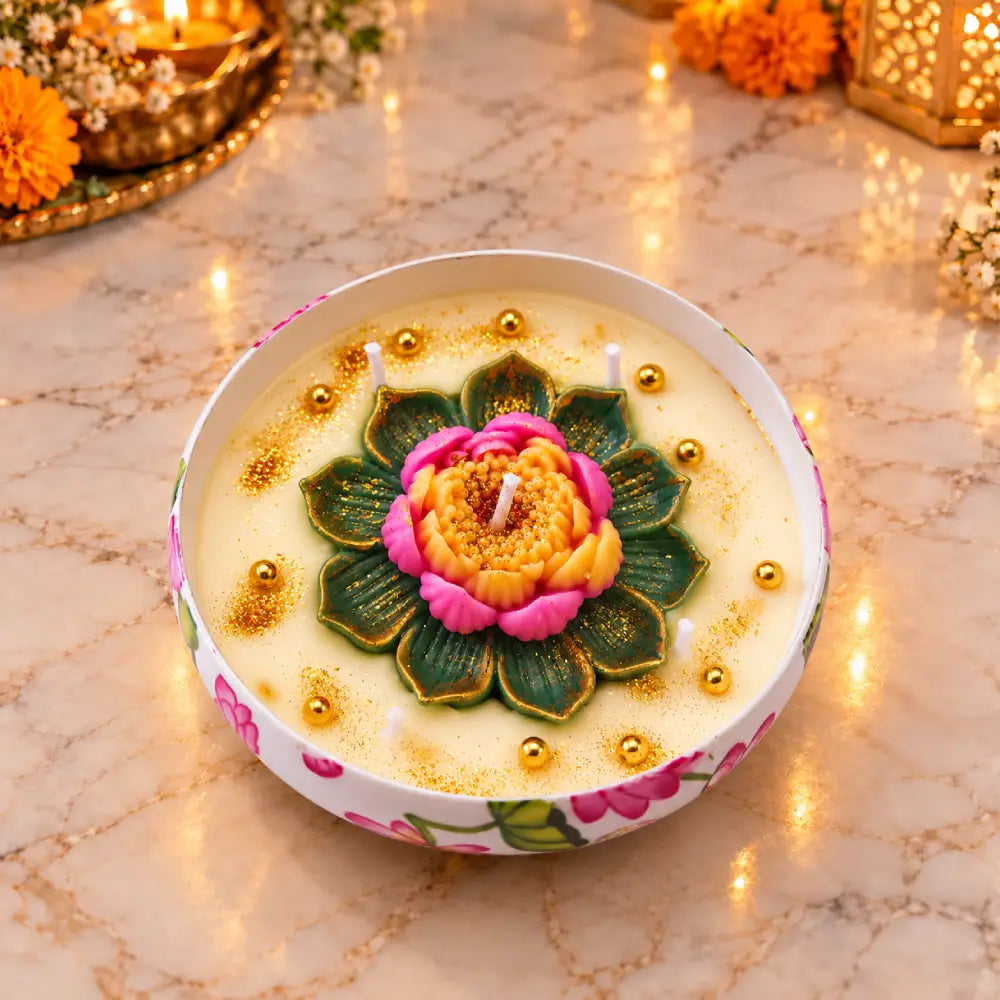 Lotus Printed Metal Urli Candle