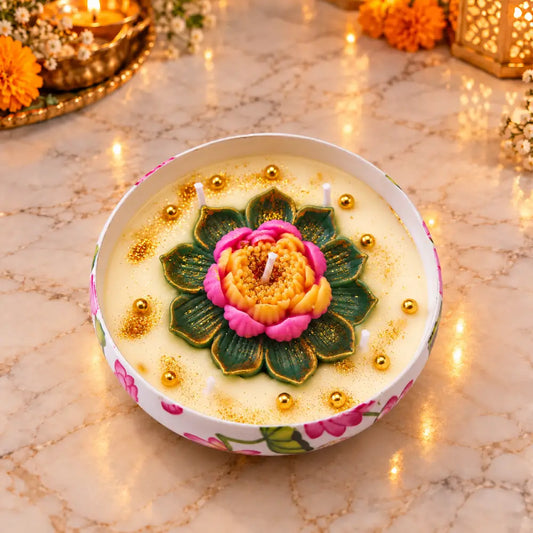 Lotus Printed Metal Urli Candle