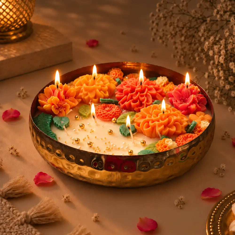 Marigold Garden Hammered Brass Urli Candle