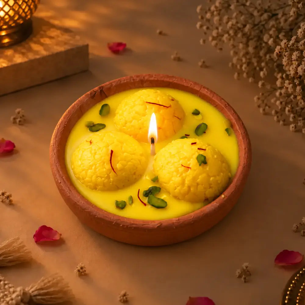 Saffron Rasmalai Soy Wax Candle - Handcrafted Clay Bowl