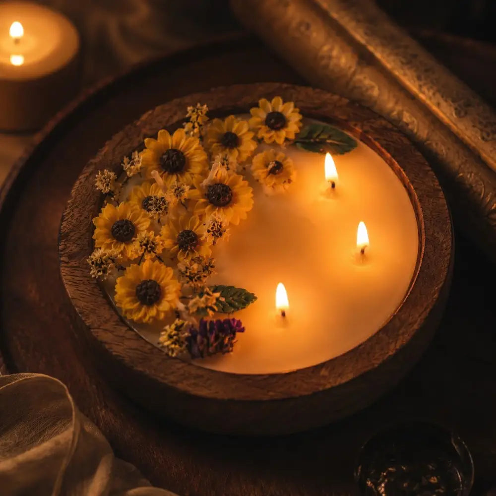 Sunflower Bloom Jasmine Soy Wax Wooden Bowl Candle