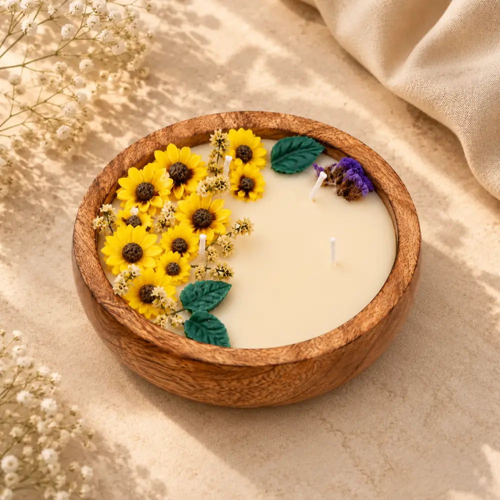 Sunflower Bloom Jasmine Soy Wax Wooden Bowl Candle