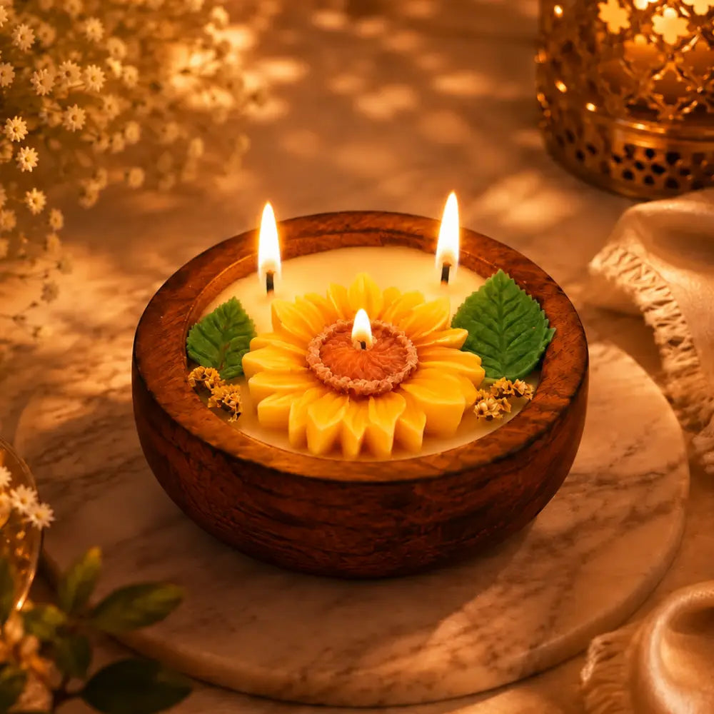 Sunflower Serenity Soy Wax Wooden Bowl Candle