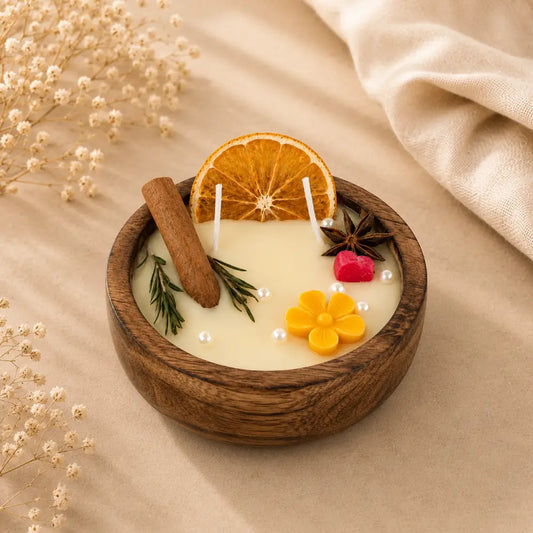 Orange Scented Candle in Wooden Bowl