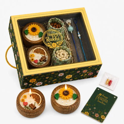 Rakhi Gift Hamper with Wooden Bowl Candles
