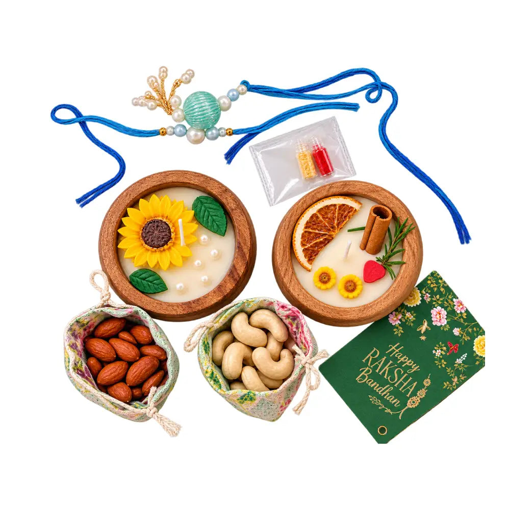 Rakhi Gift Hamper with Wooden Bowl Candles