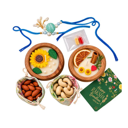 Rakhi Gift Hamper with Wooden Bowl Candles