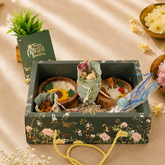 Rakhi Gift Hamper with Wooden Bowl Candles